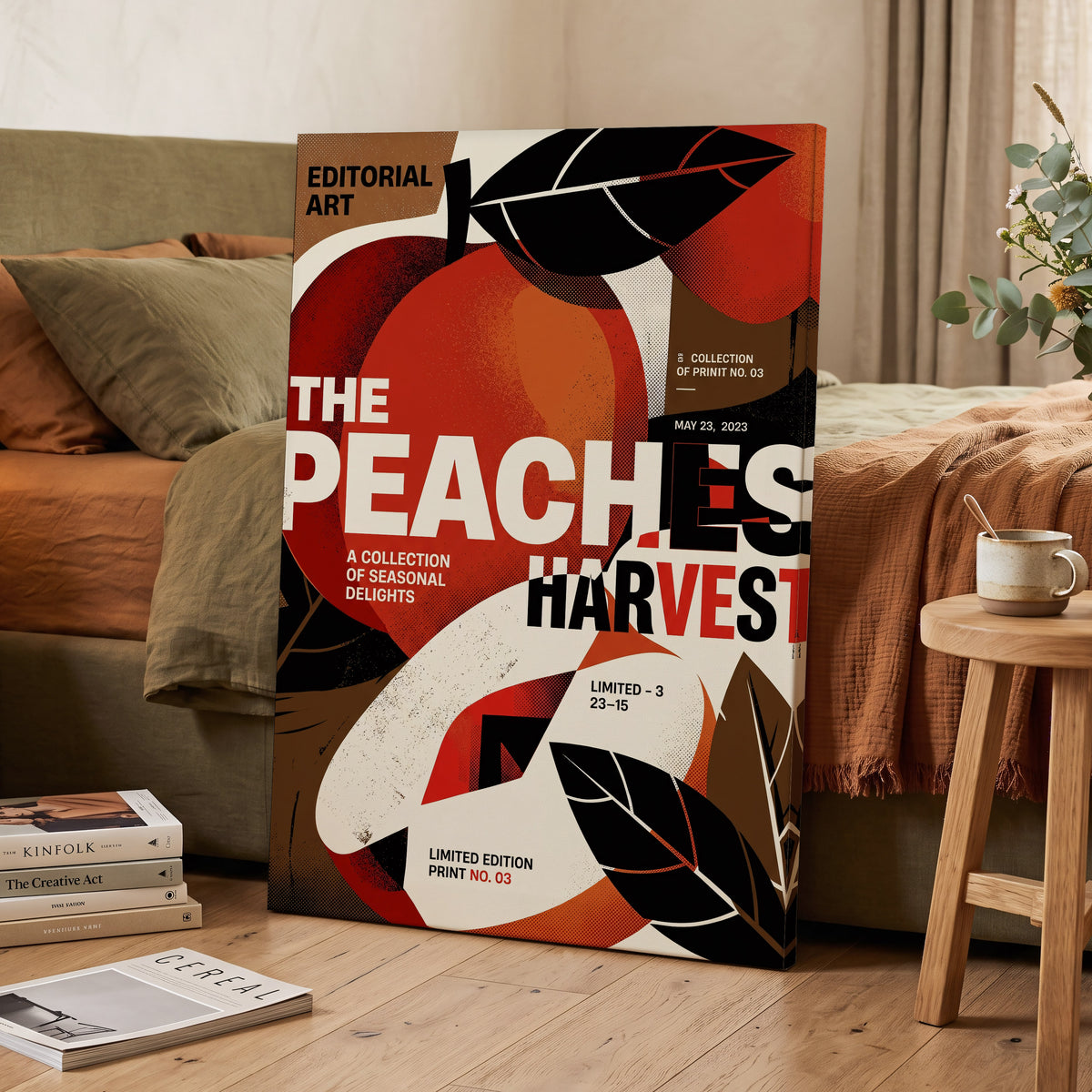 Peaches in Print, red, black, beige abstract wall art on canvas displayed in a styled interior, gallery view 2