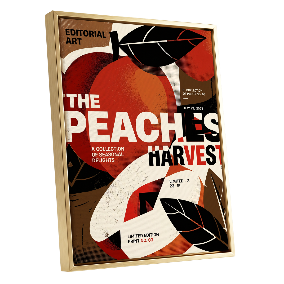 Peaches in Print, red, black, beige abstract wall art shown as a gold framed canvas wall art