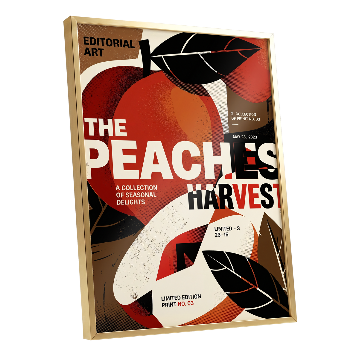 Peaches in Print, red, black, beige abstract wall art shown as a gold framed poster wall art print
