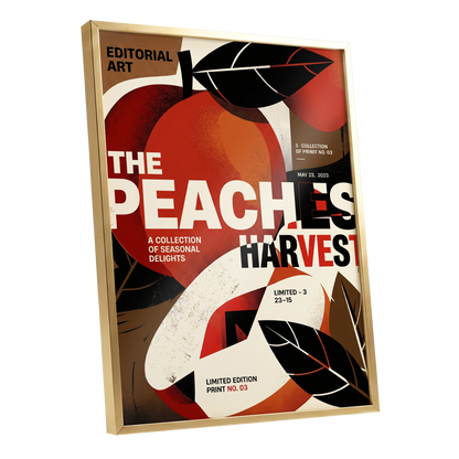 Peaches in Print, red, black, beige abstract wall art shown as a gold framed poster wall art print