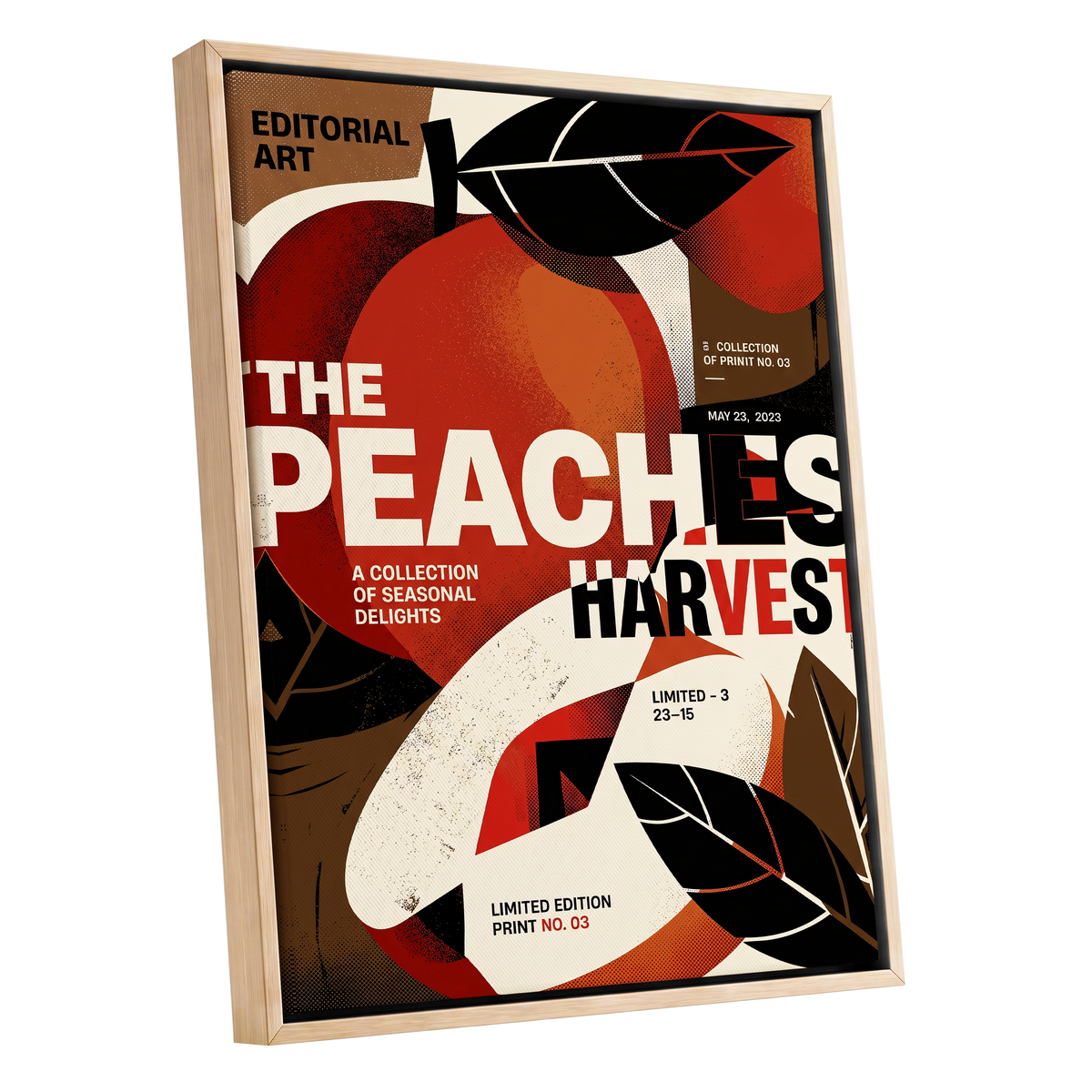 Peaches in Print, red, black, beige abstract wall art shown as a oak framed canvas wall art