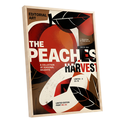 Peaches in Print, red, black, beige abstract wall art shown as a oak framed poster wall art print