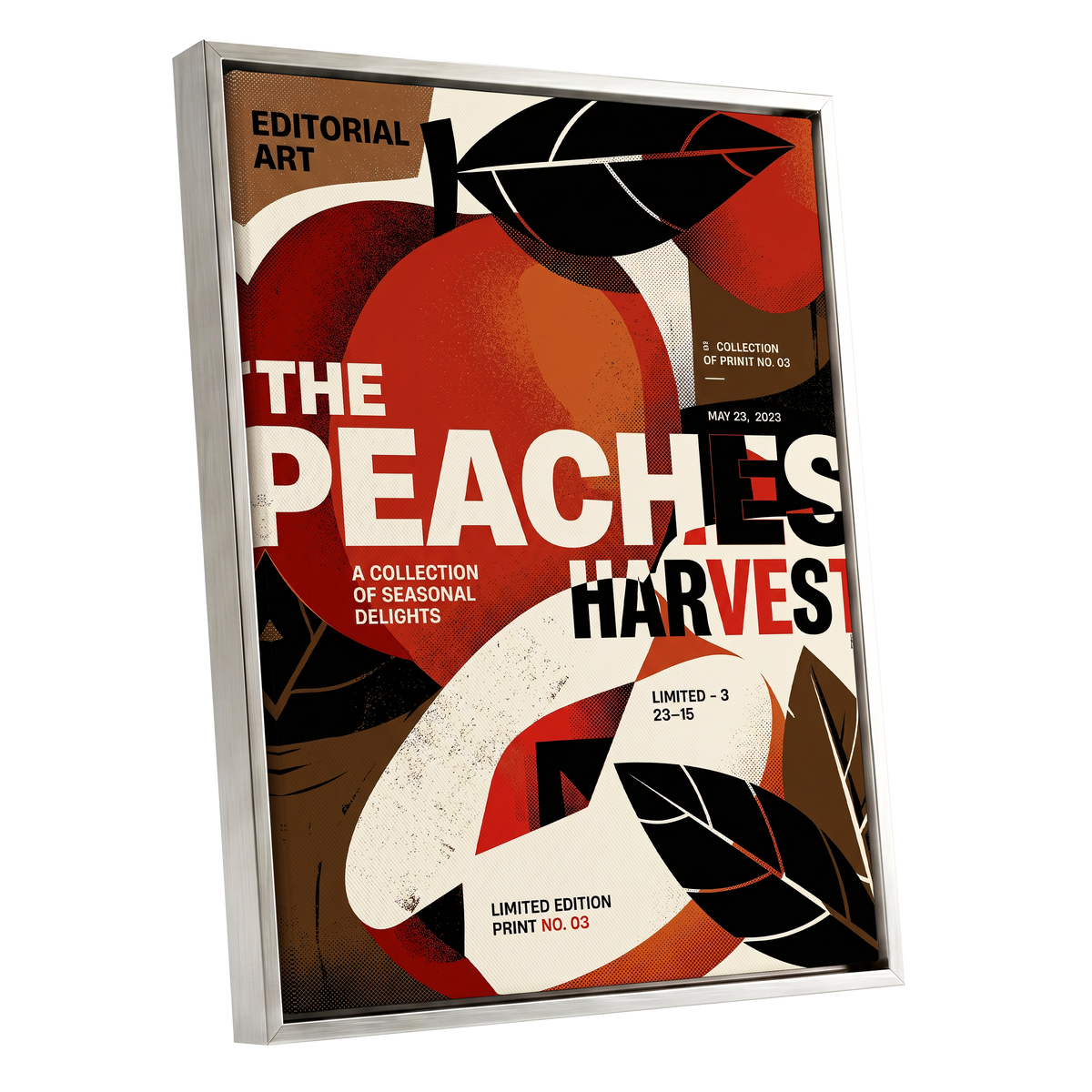 Peaches in Print, red, black, beige abstract wall art shown as a silver framed canvas wall art