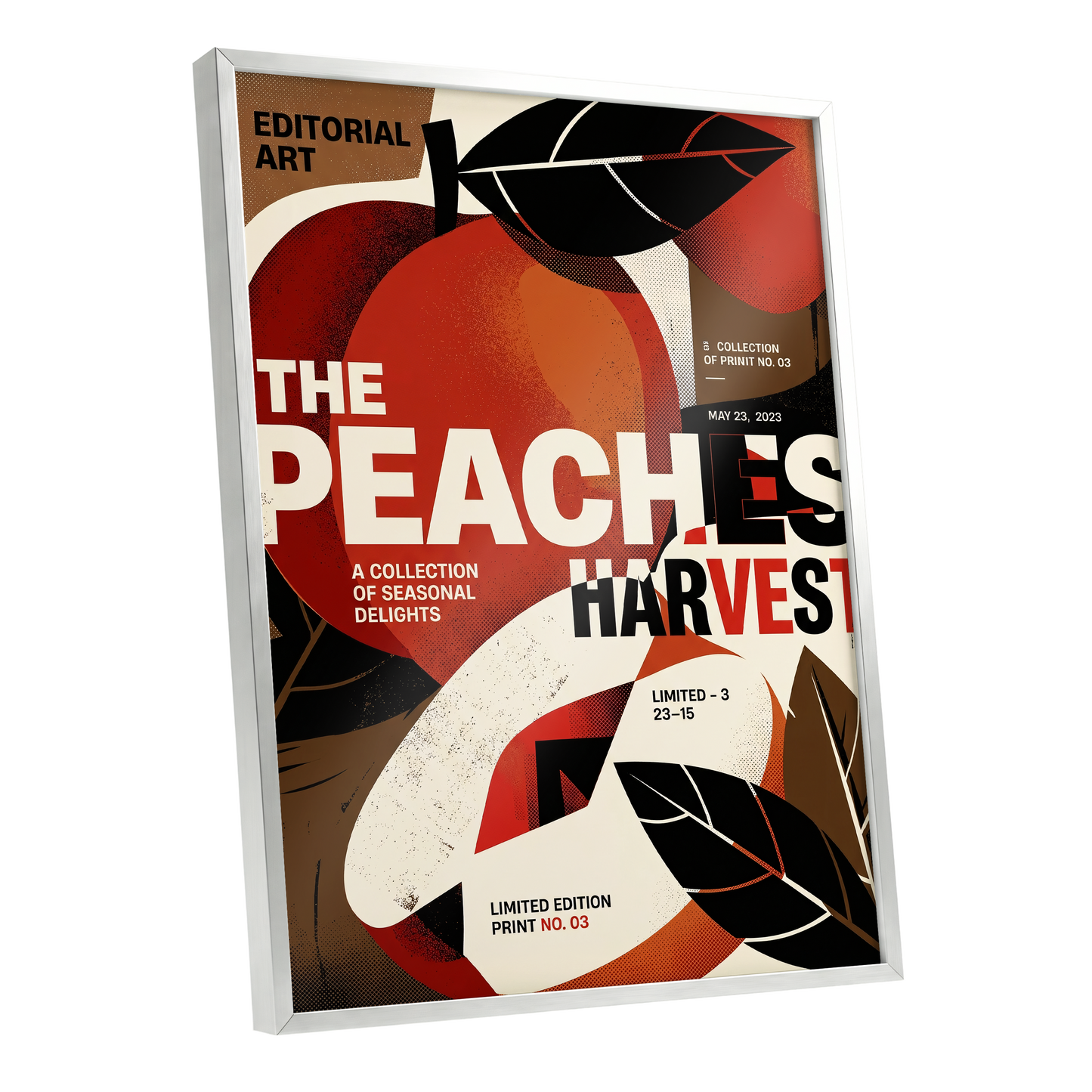 Peaches in Print, red, black, beige abstract wall art shown as a silver framed poster wall art print