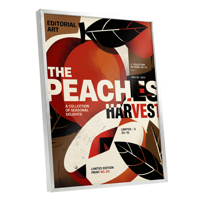 Peaches in Print, red, black, beige abstract wall art shown as a silver framed poster wall art print