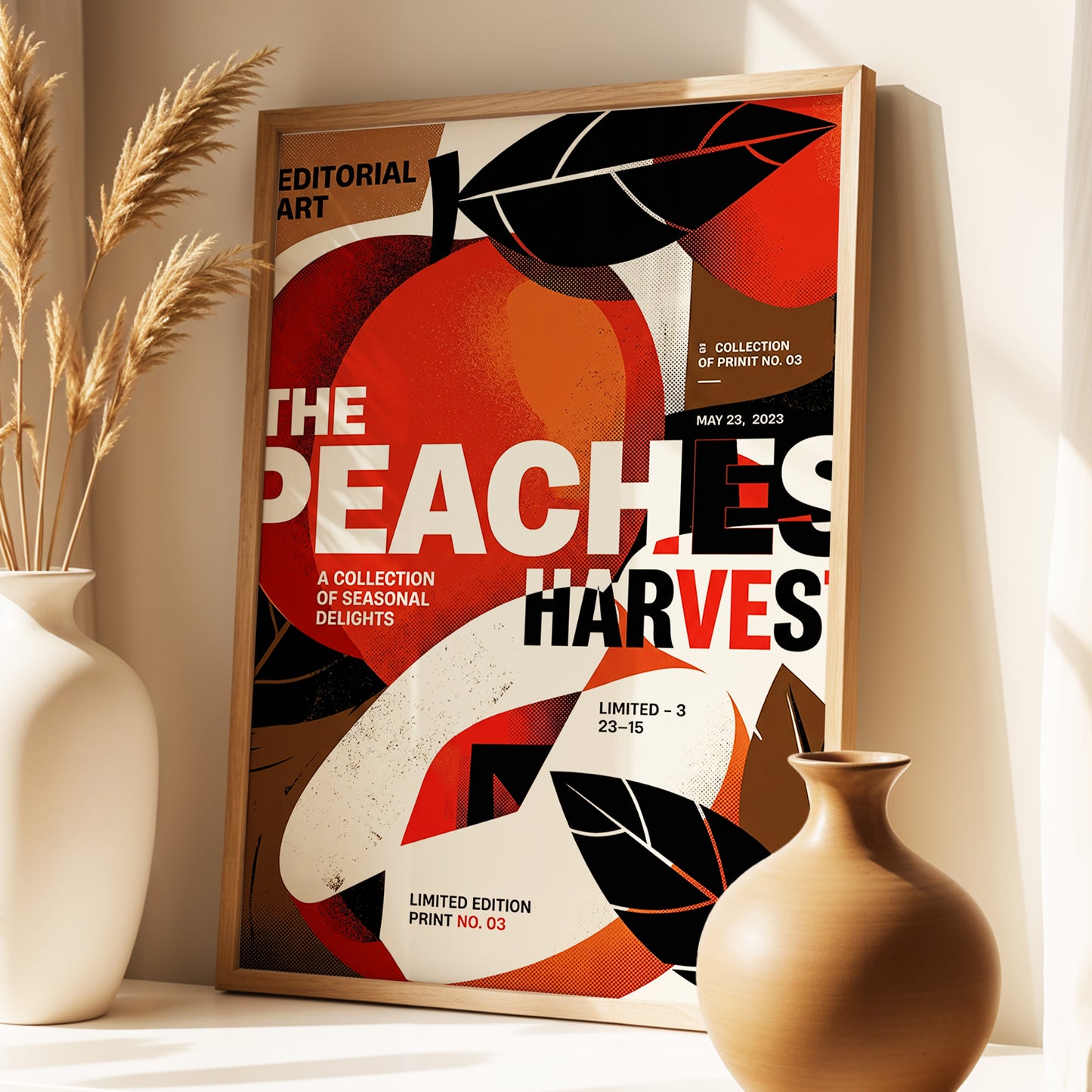 Peaches in Print, red, black, beige abstract wall art displayed in a styled interior, gallery view 1
