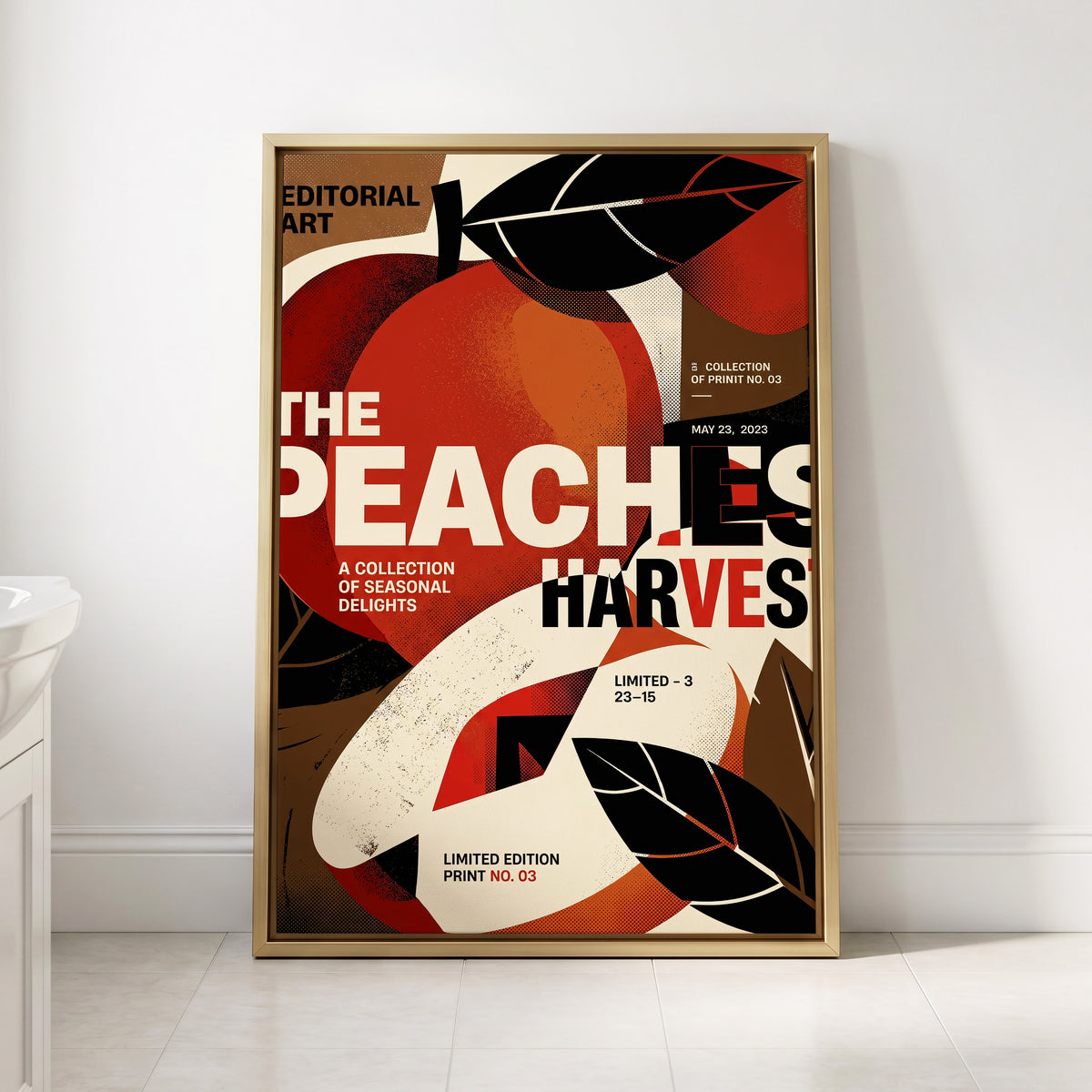 Peaches in Print, red, black, beige abstract wall art displayed in a styled interior, gallery view 2