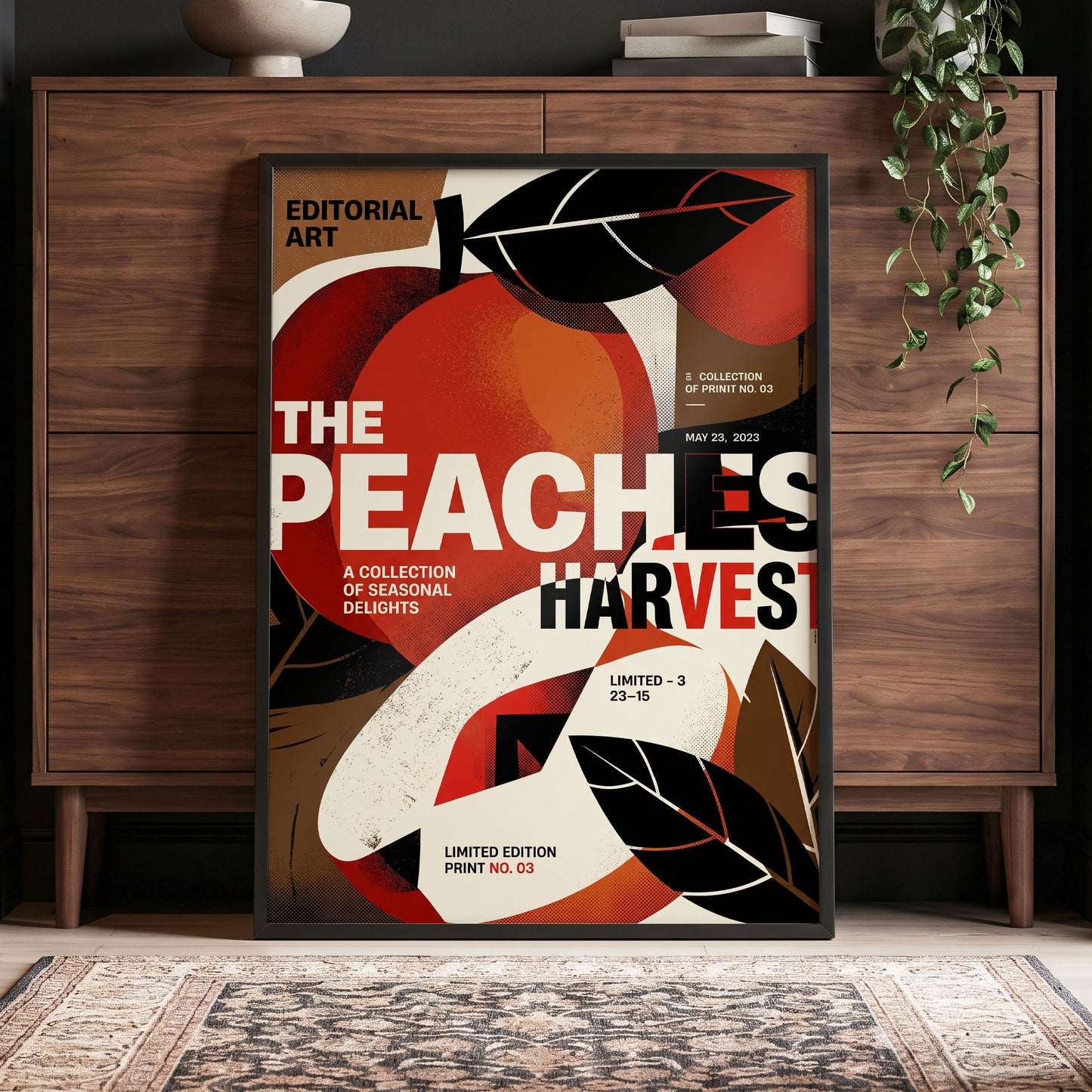 Peaches in Print, red, black, beige abstract wall art displayed in a styled interior, gallery view 4
