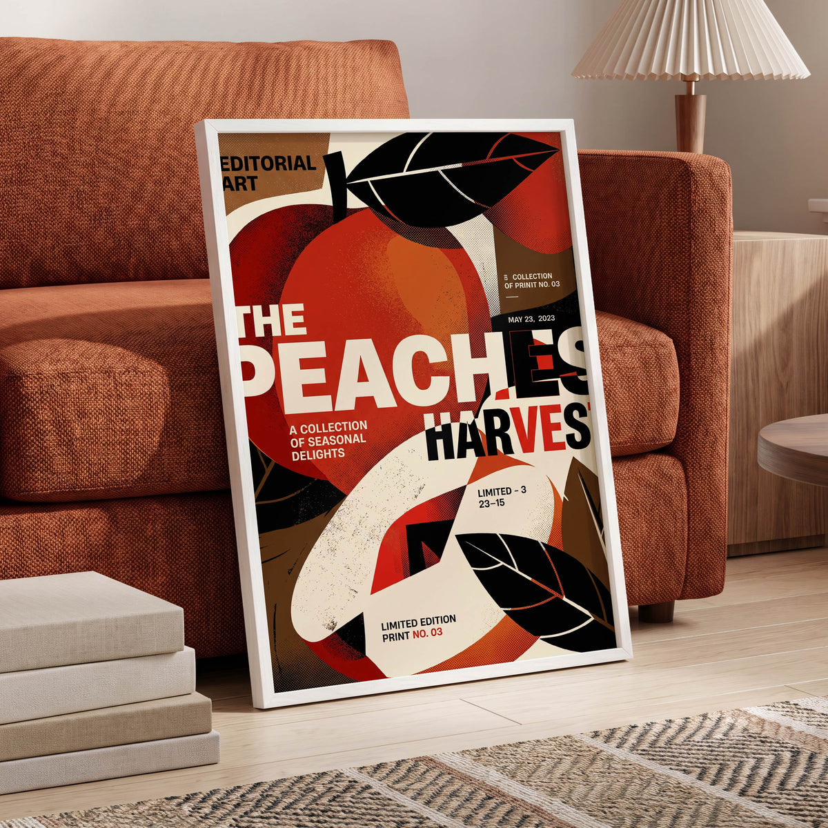 Peaches in Print, red, black, beige abstract wall art displayed in a styled interior, gallery view 5