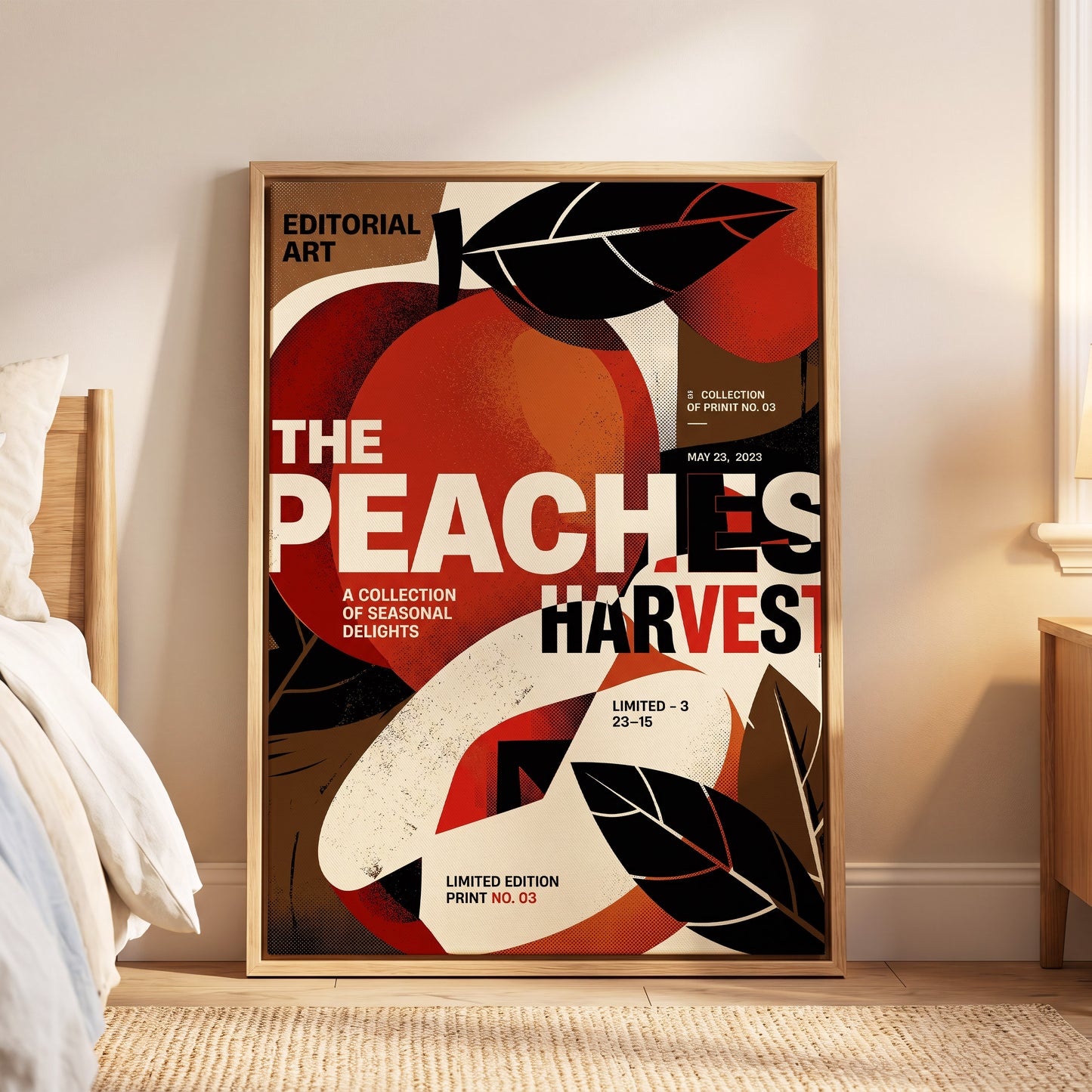 Peaches in Print, red, black, beige abstract wall art displayed in a styled interior, gallery view 6