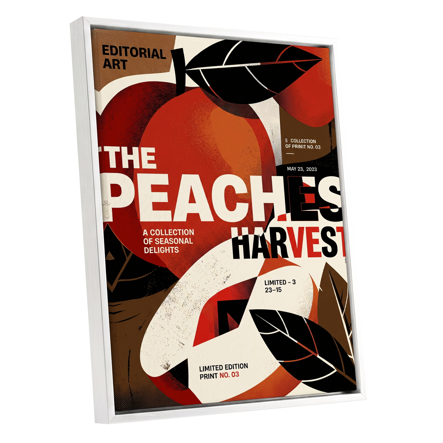Peaches in Print, red, black, beige abstract wall art shown as a white framed canvas wall art