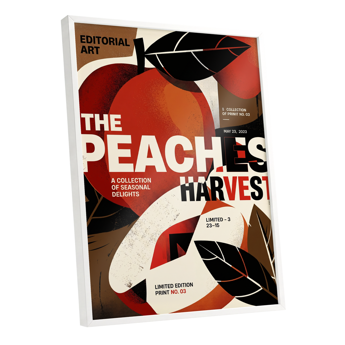 Peaches in Print, red, black, beige abstract wall art shown as a white framed poster wall art print