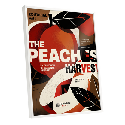 Peaches in Print, red, black, beige abstract wall art shown as a white framed poster wall art print