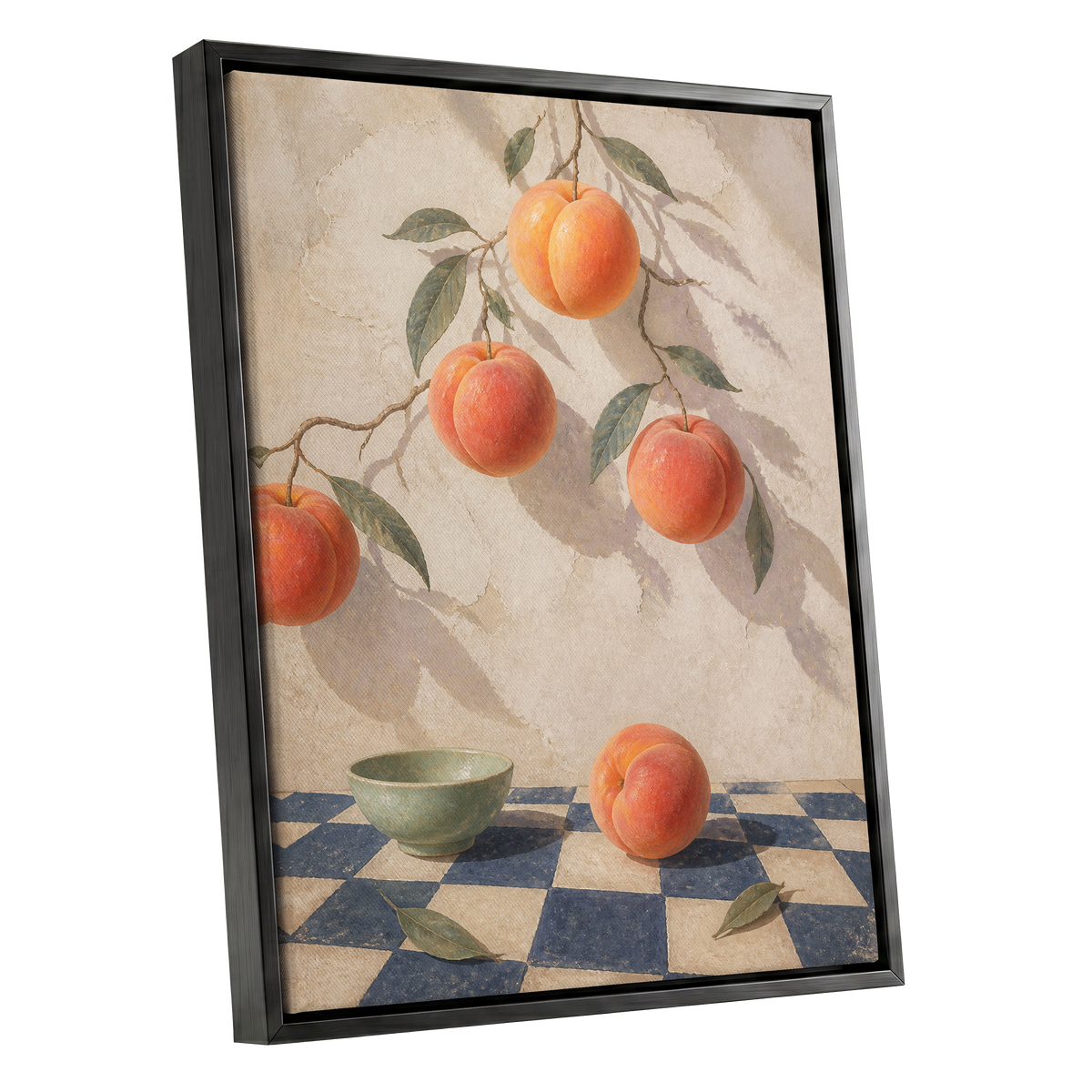 Peachlight & Chequers, orange, red, beige nature wall art shown as a black framed canvas wall art