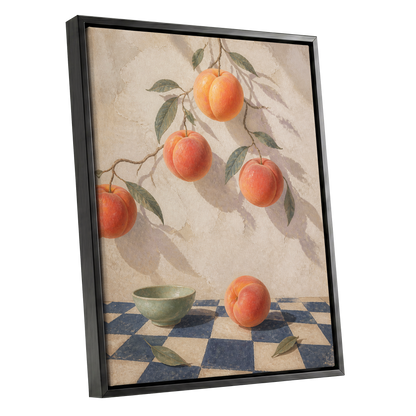 Peachlight & Chequers, orange, red, beige nature wall art shown as a black framed canvas wall art