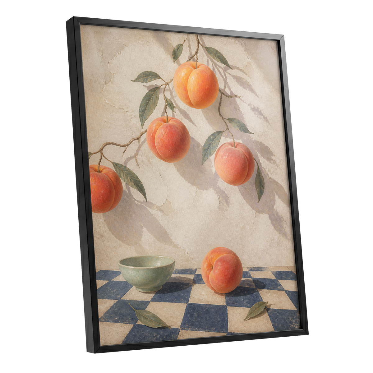 Peachlight & Chequers, orange, red, beige nature wall art shown as a black framed poster wall art print