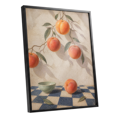 Peachlight & Chequers, orange, red, beige nature wall art shown as a black framed poster wall art print
