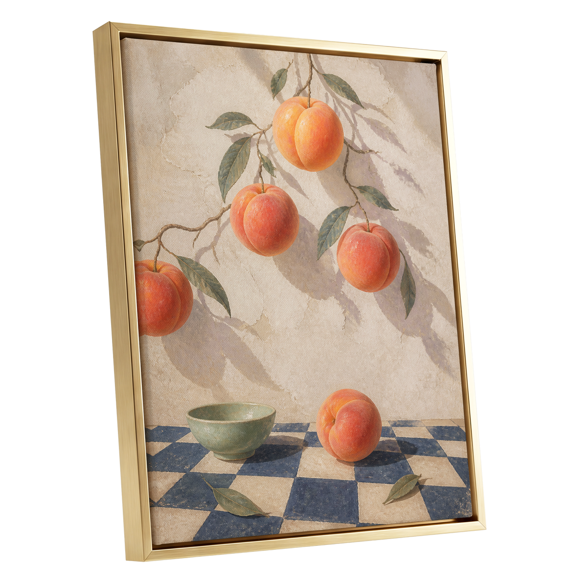Peachlight & Chequers, orange, red, beige nature wall art shown as a gold framed canvas wall art