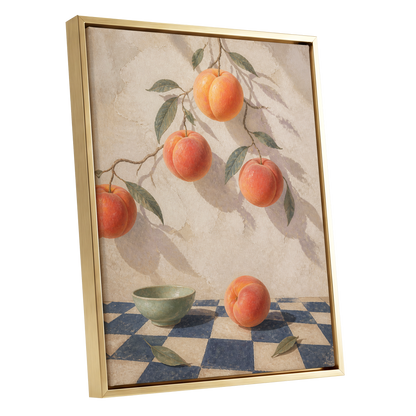 Peachlight & Chequers, orange, red, beige nature wall art shown as a gold framed canvas wall art