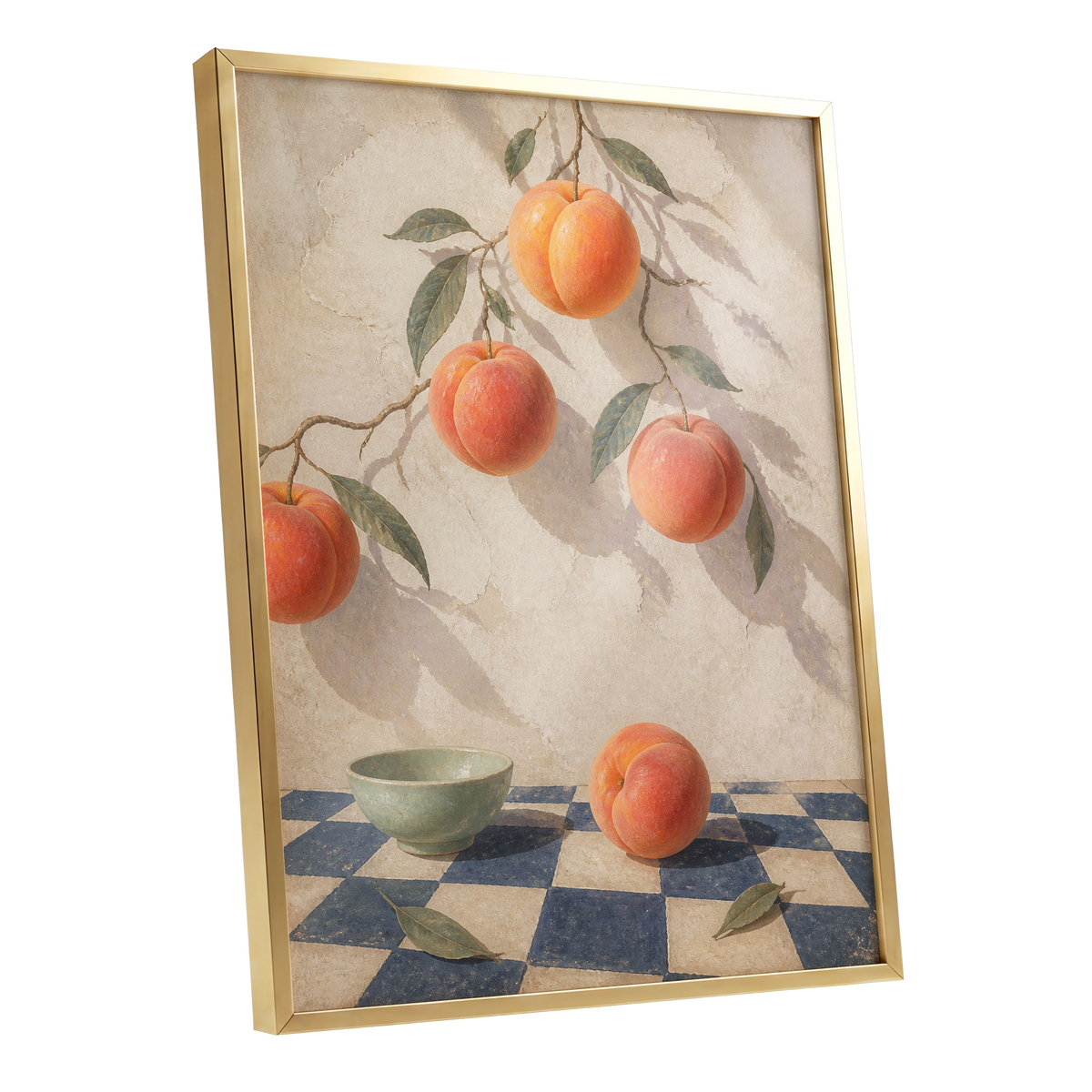 Peachlight & Chequers, orange, red, beige nature wall art shown as a gold framed poster wall art print