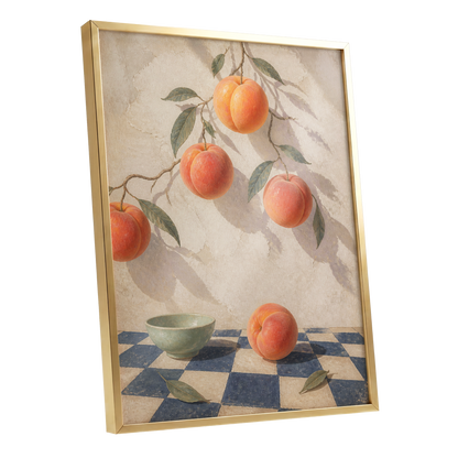 Peachlight & Chequers, orange, red, beige nature wall art shown as a gold framed poster wall art print