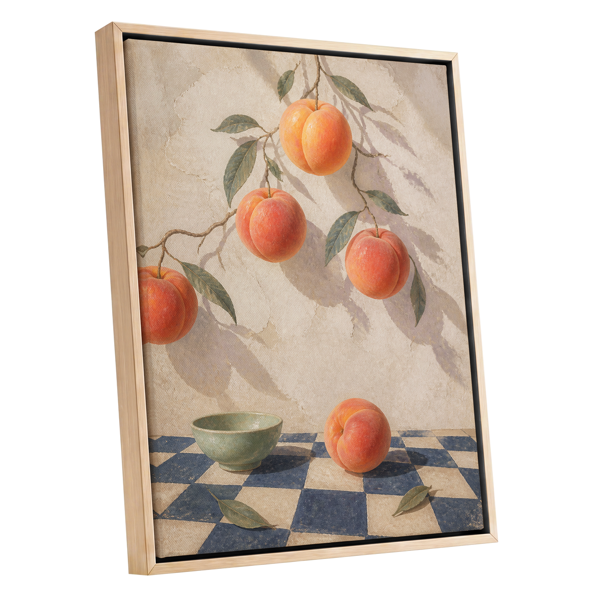 Peachlight & Chequers, orange, red, beige nature wall art shown as a oak framed canvas wall art