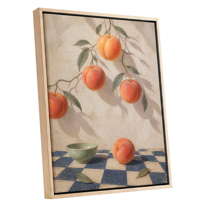 Peachlight & Chequers, orange, red, beige nature wall art shown as a oak framed canvas wall art