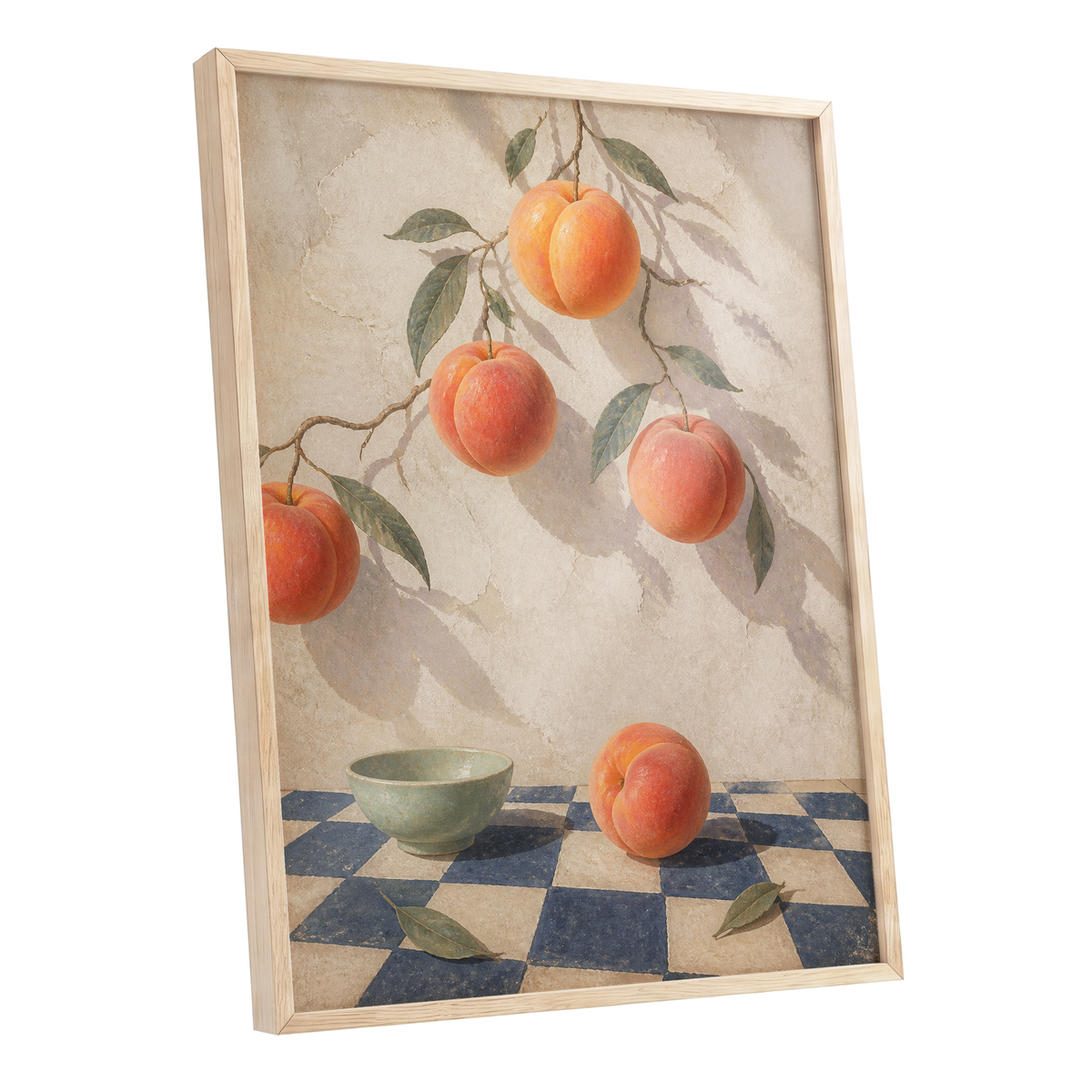 Peachlight & Chequers, orange, red, beige nature wall art shown as a oak framed poster wall art print