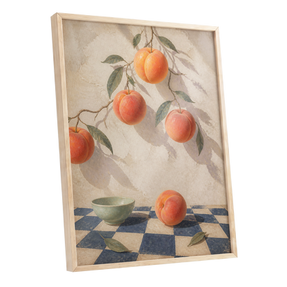 Peachlight & Chequers, orange, red, beige nature wall art shown as a oak framed poster wall art print