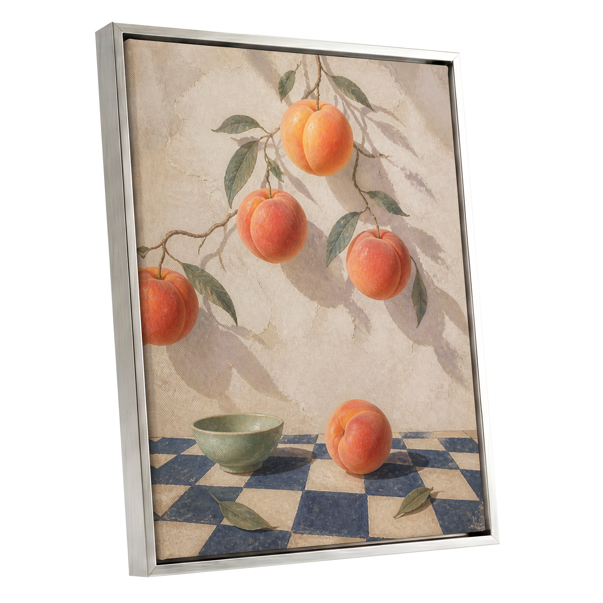 Peachlight & Chequers, orange, red, beige nature wall art shown as a silver framed canvas wall art