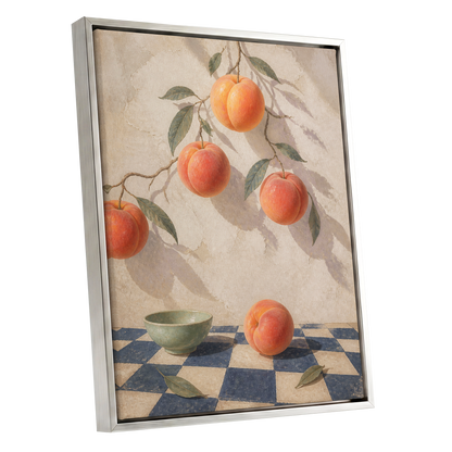 Peachlight & Chequers, orange, red, beige nature wall art shown as a silver framed canvas wall art