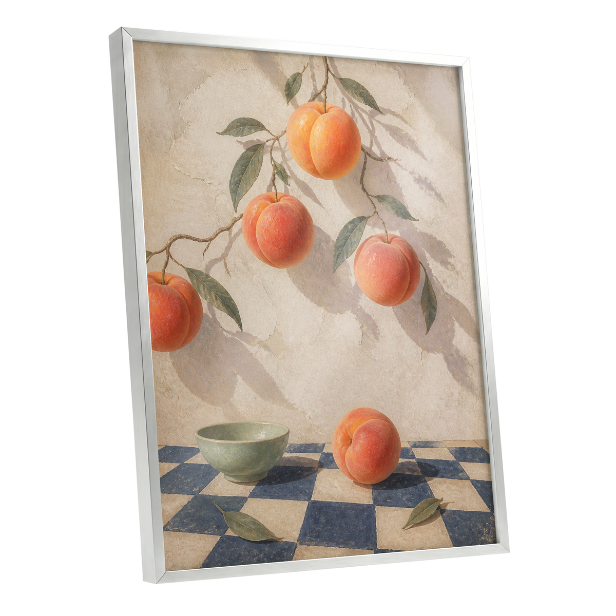 Peachlight & Chequers, orange, red, beige nature wall art shown as a silver framed poster wall art print
