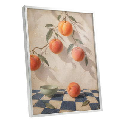 Peachlight & Chequers, orange, red, beige nature wall art shown as a silver framed poster wall art print