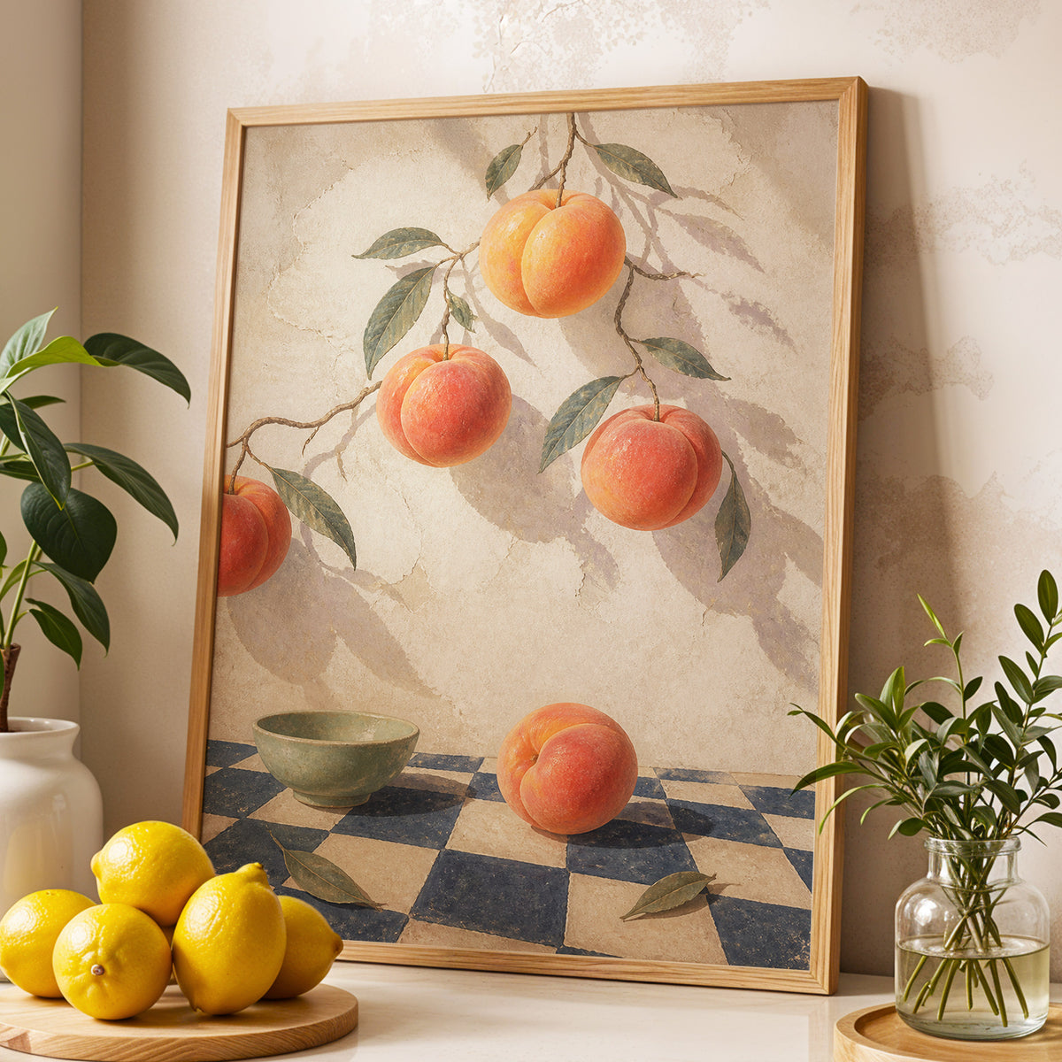 Peachlight & Chequers, orange, red, beige nature wall art displayed in a styled interior, gallery view 2