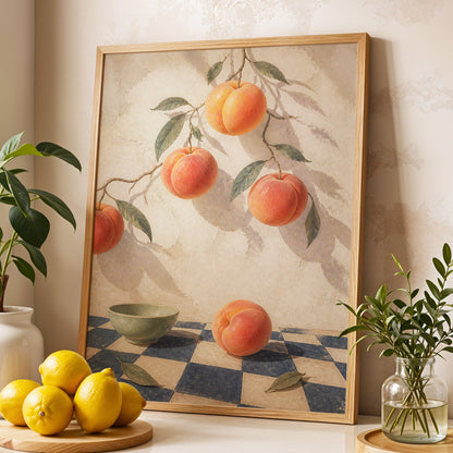 Peachlight & Chequers, orange, red, beige nature wall art displayed in a styled interior, gallery view 2
