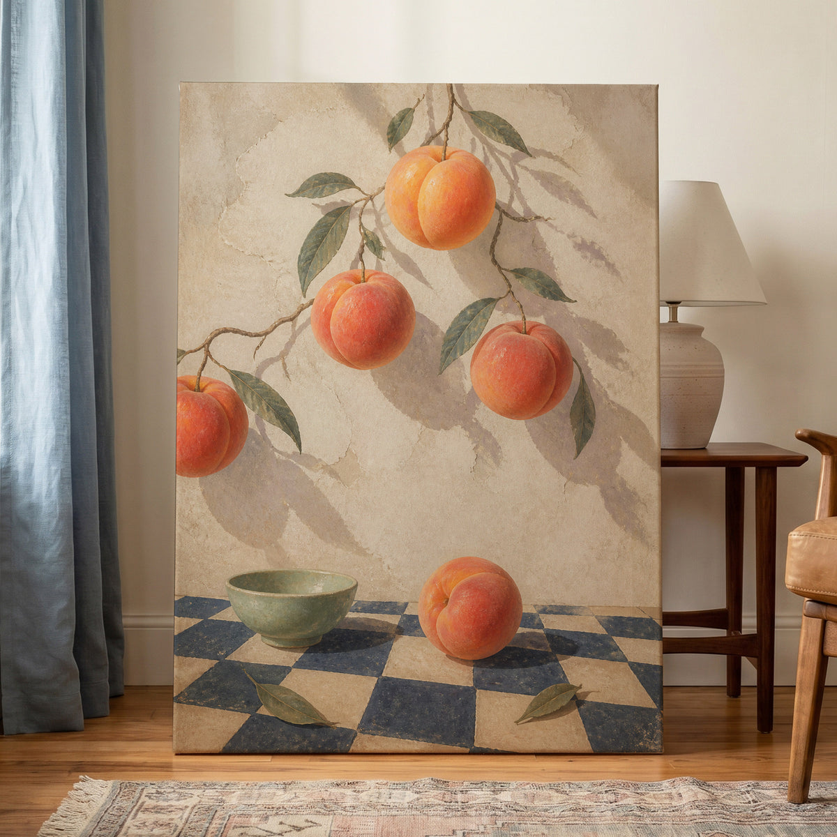 Peachlight & Chequers, orange, red, beige nature wall art displayed in a styled interior, gallery view 3