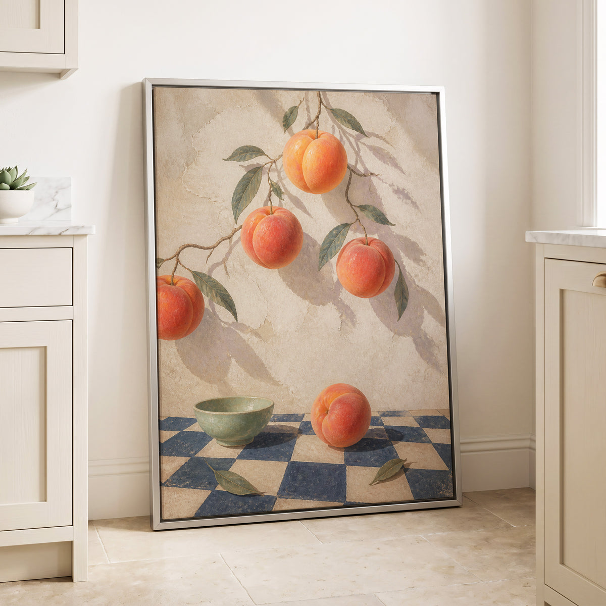 Peachlight & Chequers, orange, red, beige nature wall art displayed in a styled interior, gallery view 4