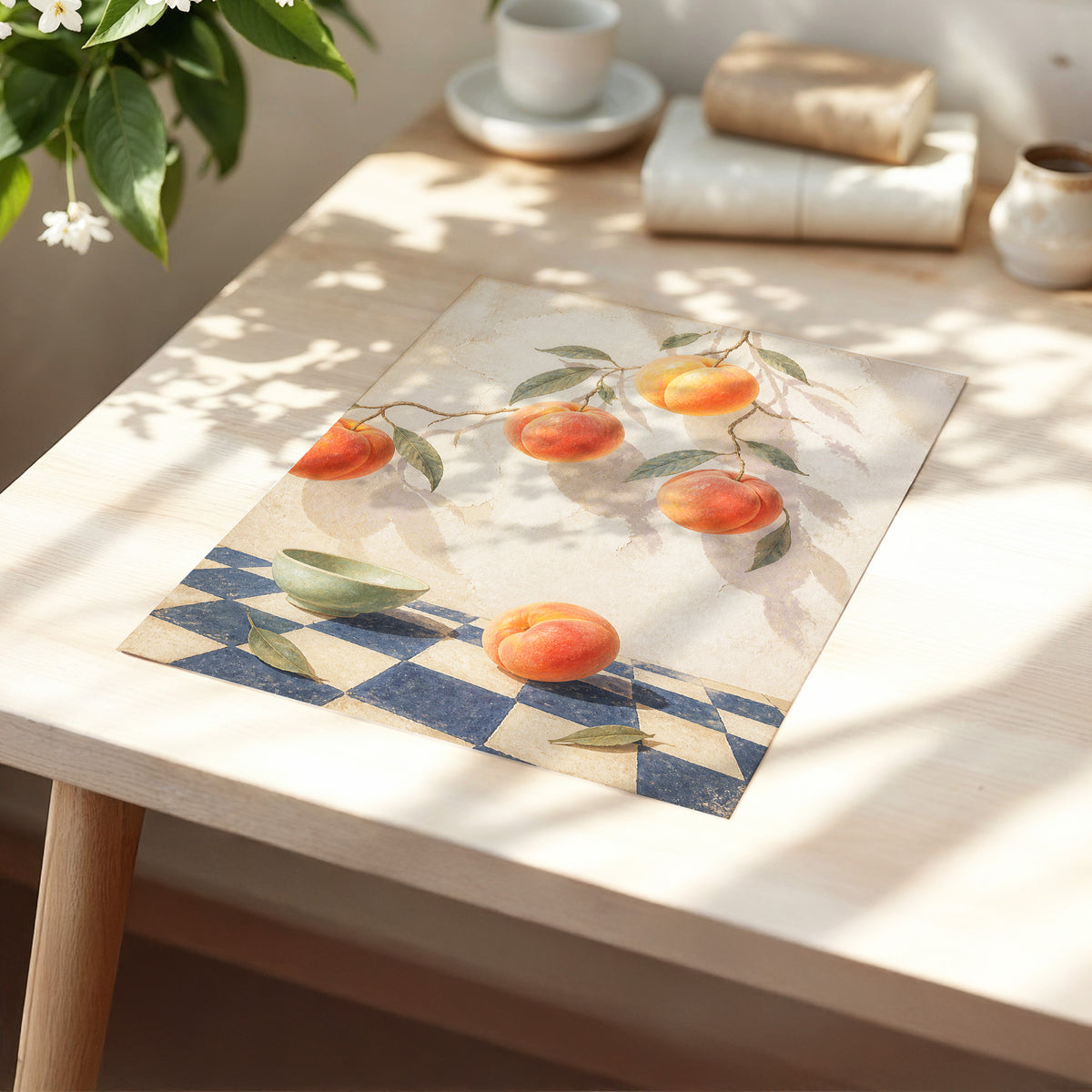 Peachlight & Chequers, orange, red, beige nature wall art displayed in a styled interior, gallery view 5