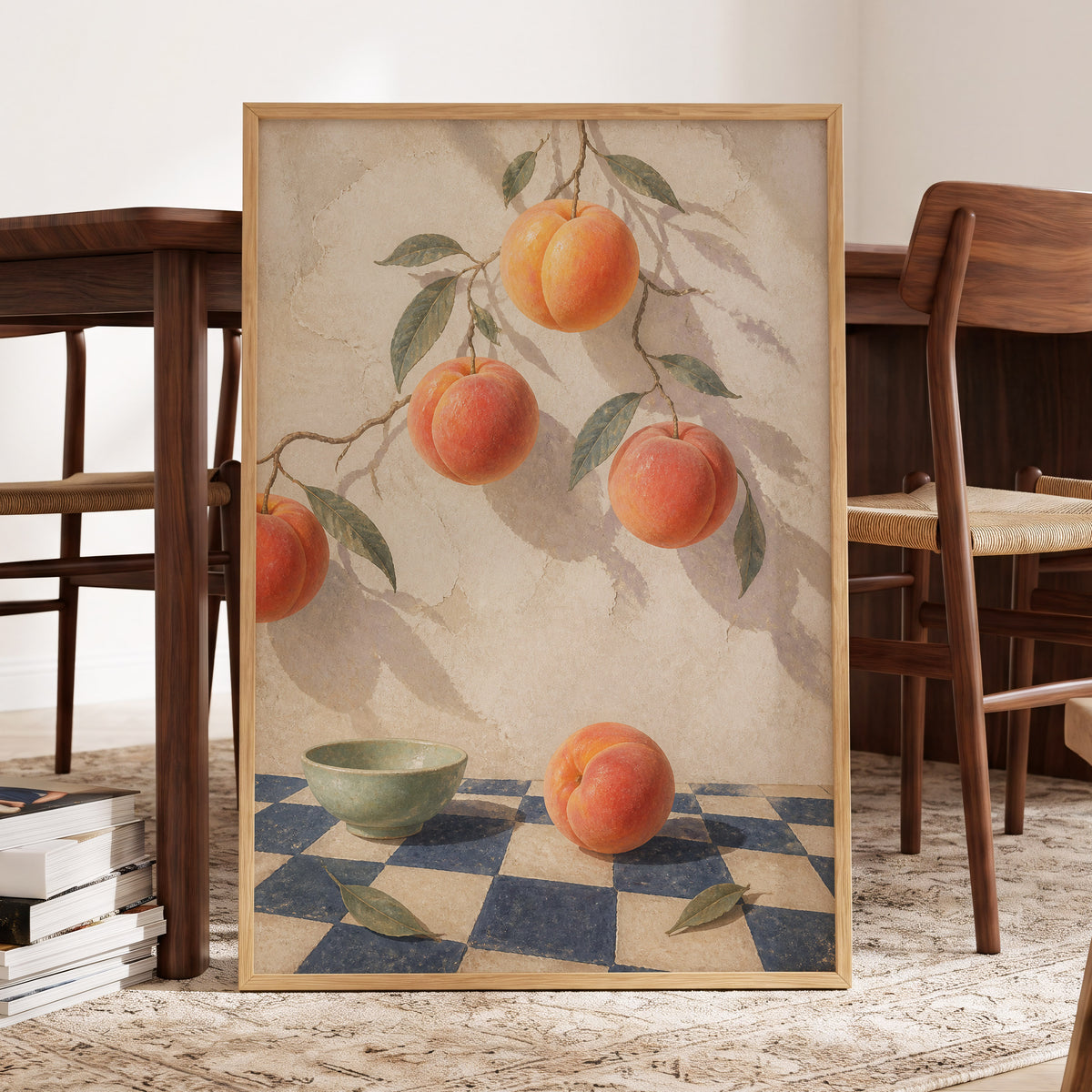 Peachlight & Chequers, orange, red, beige nature wall art displayed in a styled interior, gallery view 6