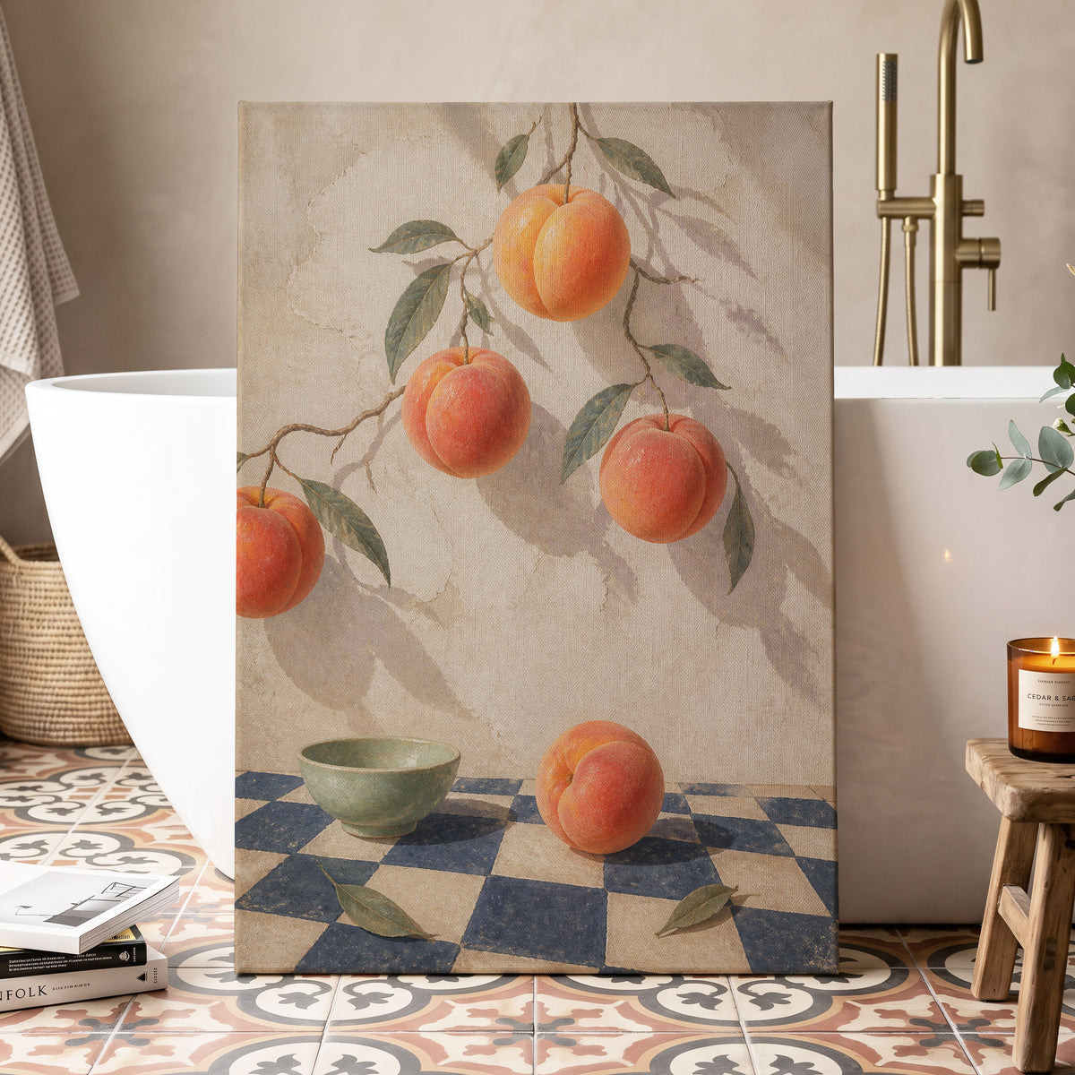 Peachlight & Chequers, orange, red, beige nature wall art displayed in a styled interior, gallery view 7