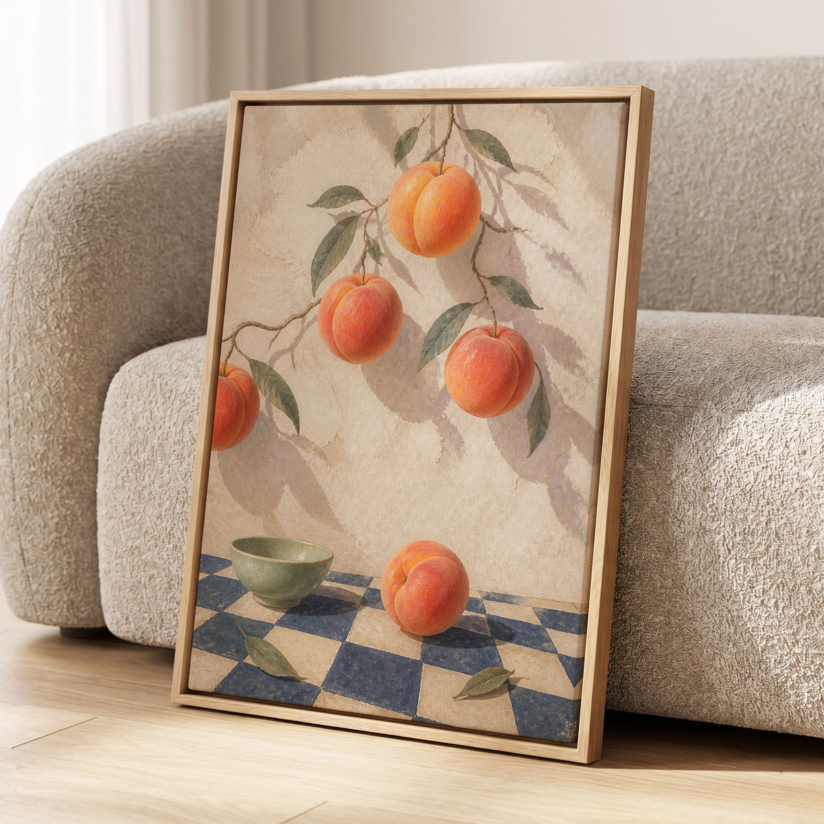 Peachlight & Chequers, orange, red, beige nature wall art displayed in a styled interior, gallery view 8
