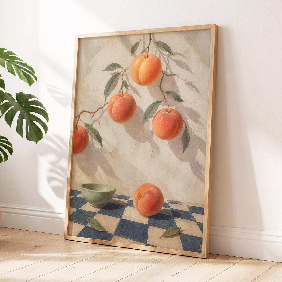 Peachlight & Chequers, orange, red, beige nature wall art displayed in a styled interior, gallery view 9