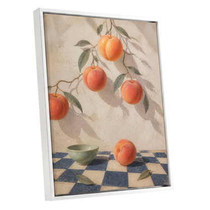 Peachlight & Chequers, orange, red, beige nature wall art shown as a white framed canvas wall art