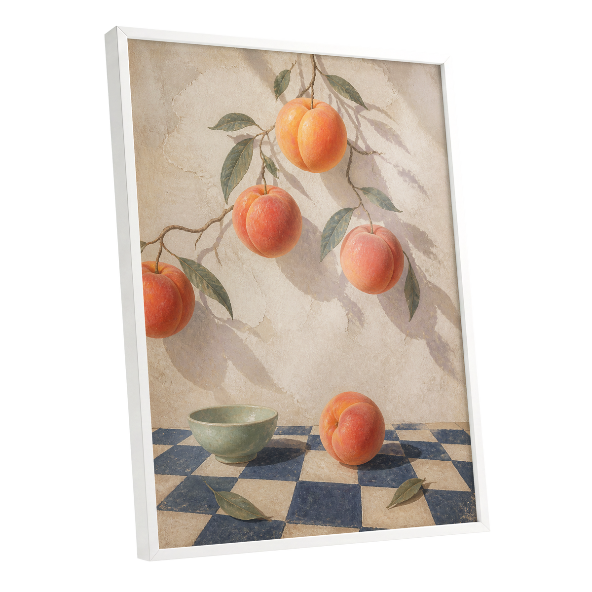 Peachlight & Chequers, orange, red, beige nature wall art shown as a white framed poster wall art print
