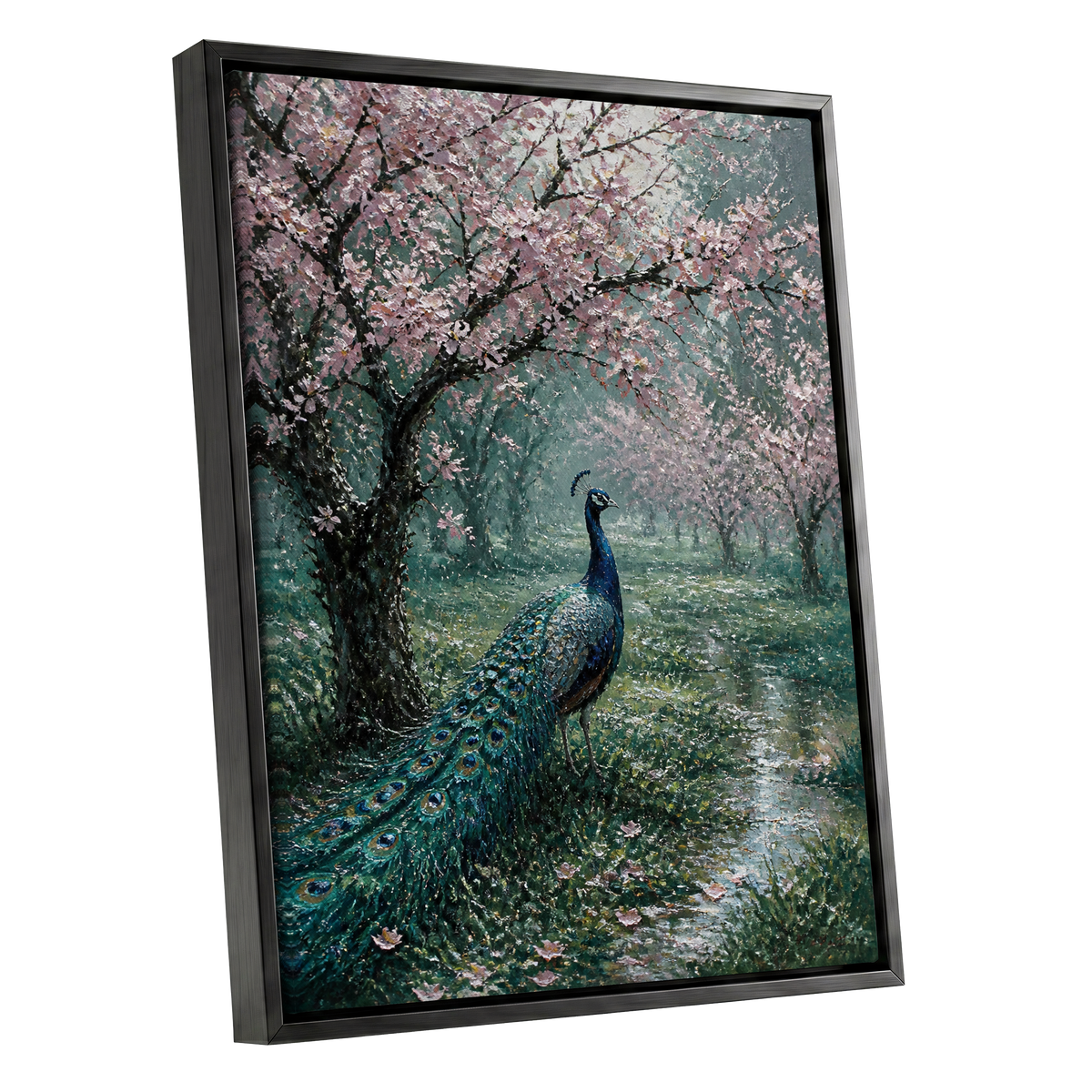 Peacock Beneath Blossom, green, pink, blue nature wall art shown as a black framed canvas wall art