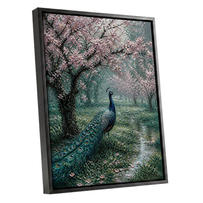 Peacock Beneath Blossom, green, pink, blue nature wall art shown as a black framed canvas wall art