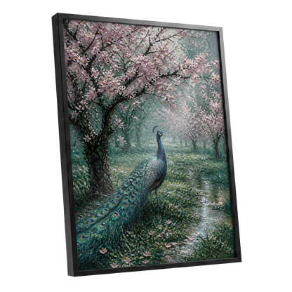 Peacock Beneath Blossom, green, pink, blue nature wall art shown as a black framed poster wall art print
