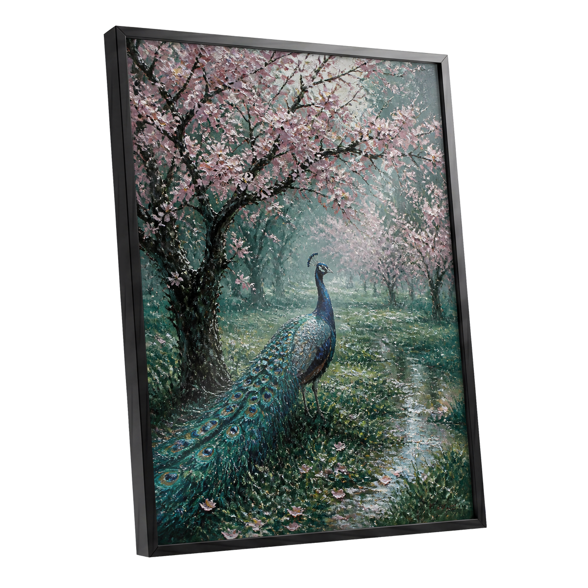 Peacock Beneath Blossom, green, pink, blue nature wall art shown as a black framed poster wall art print