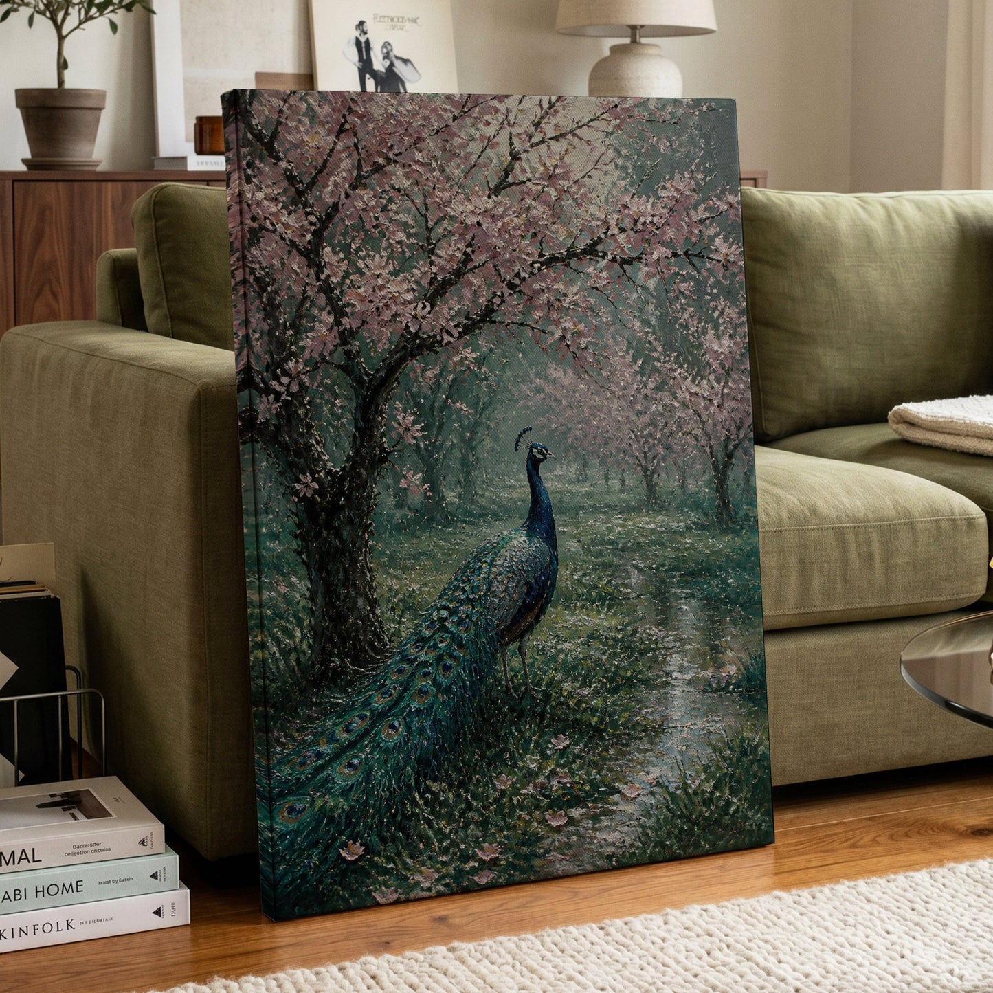 Peacock Beneath Blossom, green, pink, blue nature wall art on canvas displayed in a styled interior, gallery view 1
