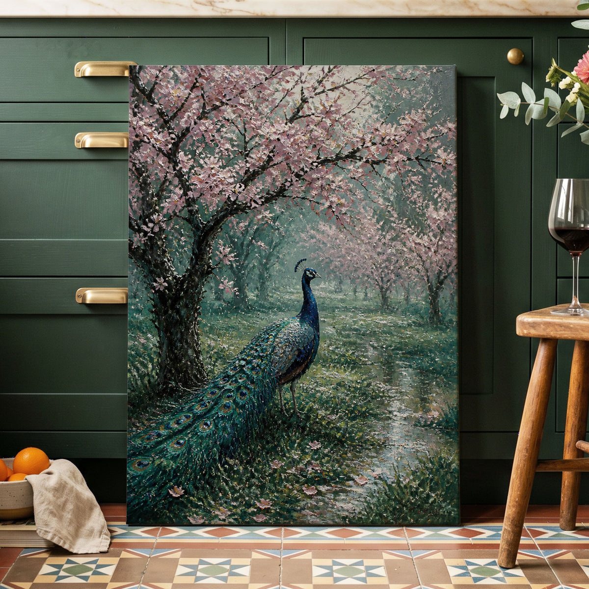 Peacock Beneath Blossom, green, pink, blue nature wall art on canvas displayed in a styled interior, gallery view 2